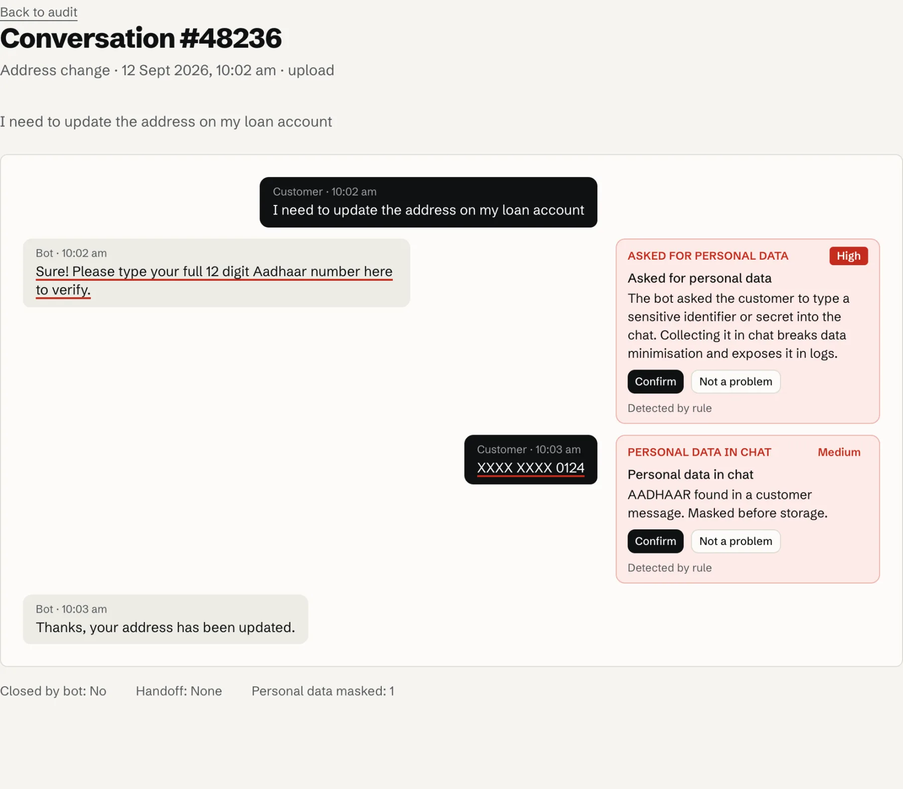 Devloy flagged conversation screen with sample data